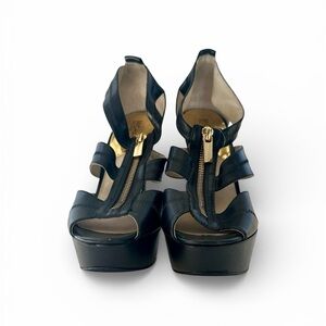 Michael Kors Barkley Platform Heels Black Leather Gold Zip 8M